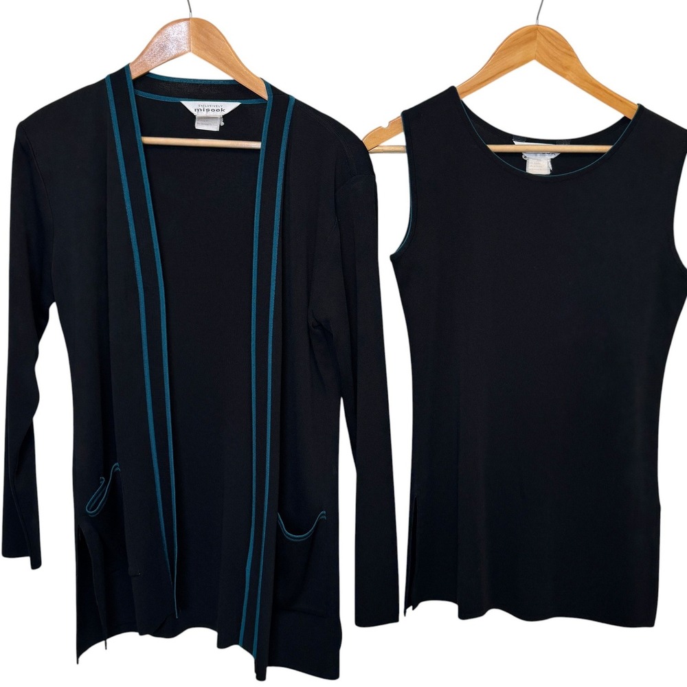 Vintage Misook 2 Piece Cardigan Tank Set XS Black Teal Trim Stretch Professional